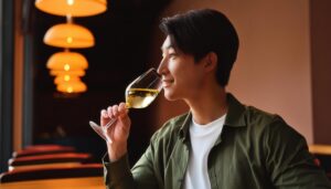 レストランで白ワインを楽しむ人