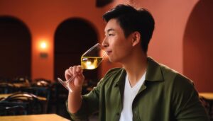 レストランで白ワインを嗜む人