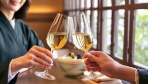 白ワインで乾杯する2人