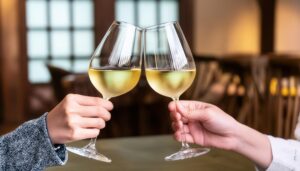 白ワインで乾杯する手元