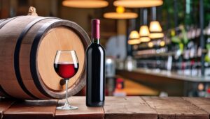 ワイン樽を背景にしたワインボトルと赤ワインのグラス