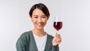 白背景でワイングラスを手に微笑む若い女性