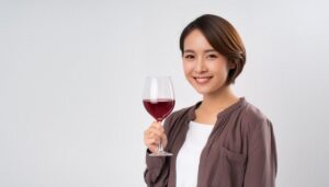 白背景で赤ワインを持つカジュアルな若い女性