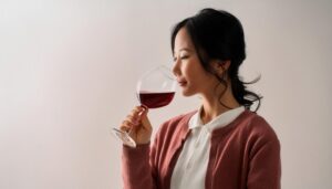 室内で赤ワインの香りを楽しむ若い女性