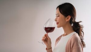 室内で赤ワインをゆっくりと飲む若い女性