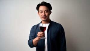 白背景で赤ワインを見せる若い男性