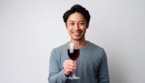 白背景で赤ワインを手に微笑む若い男性