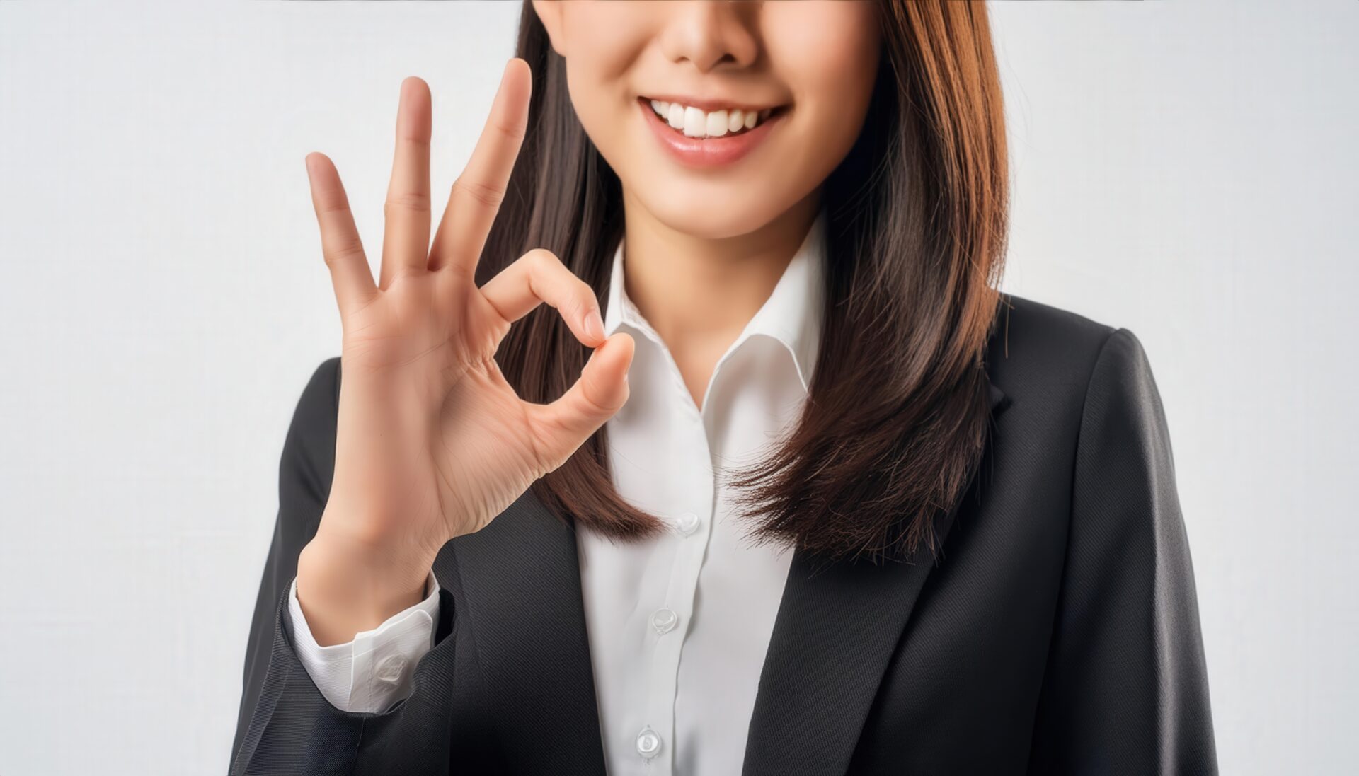 白背景でOKサインをするビジネスパーソン（上半身）