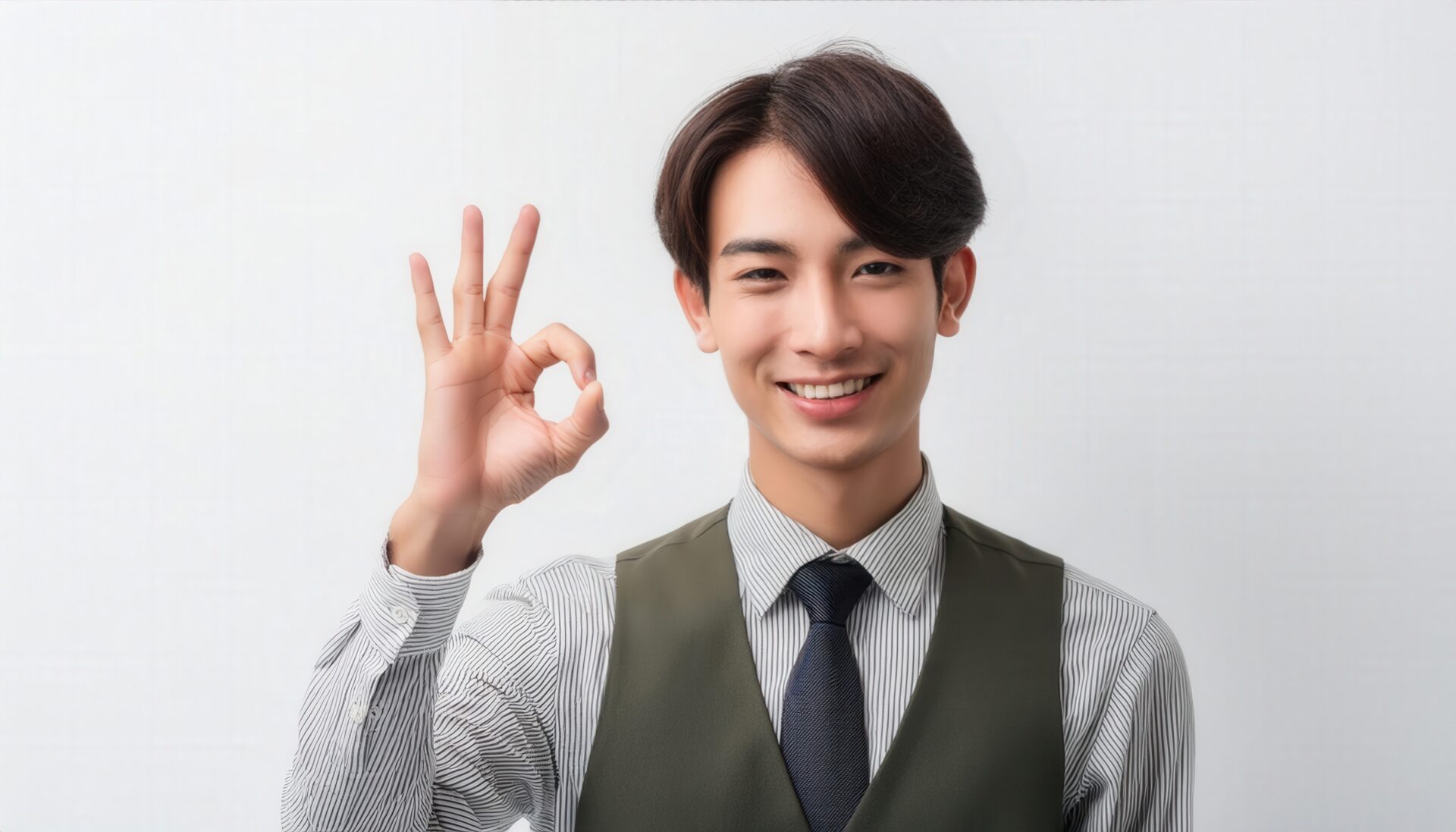 白背景でOKサインをするベスト姿の人物