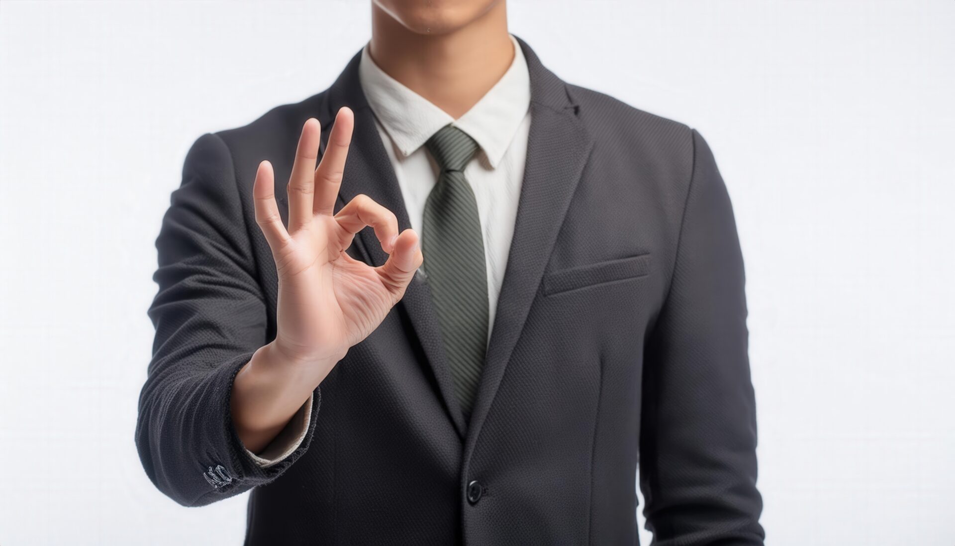 白背景でスーツ姿の人物がOKサイン