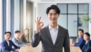 会議室でOKサインをするビジネスパーソンと複数の人々