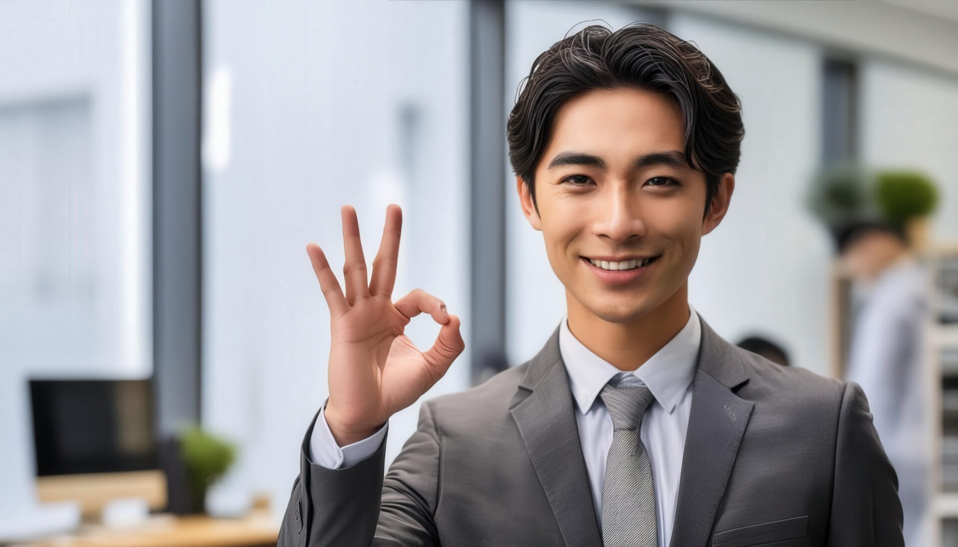 オフィスでOKサインをするスーツ姿のビジネスパーソン