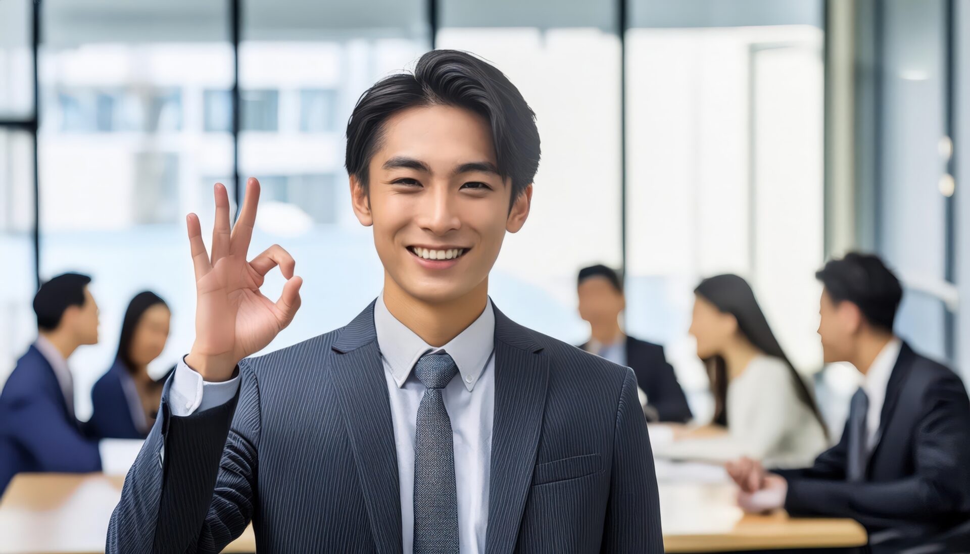 複数人がいる会議室でOKサインをするビジネスパーソン