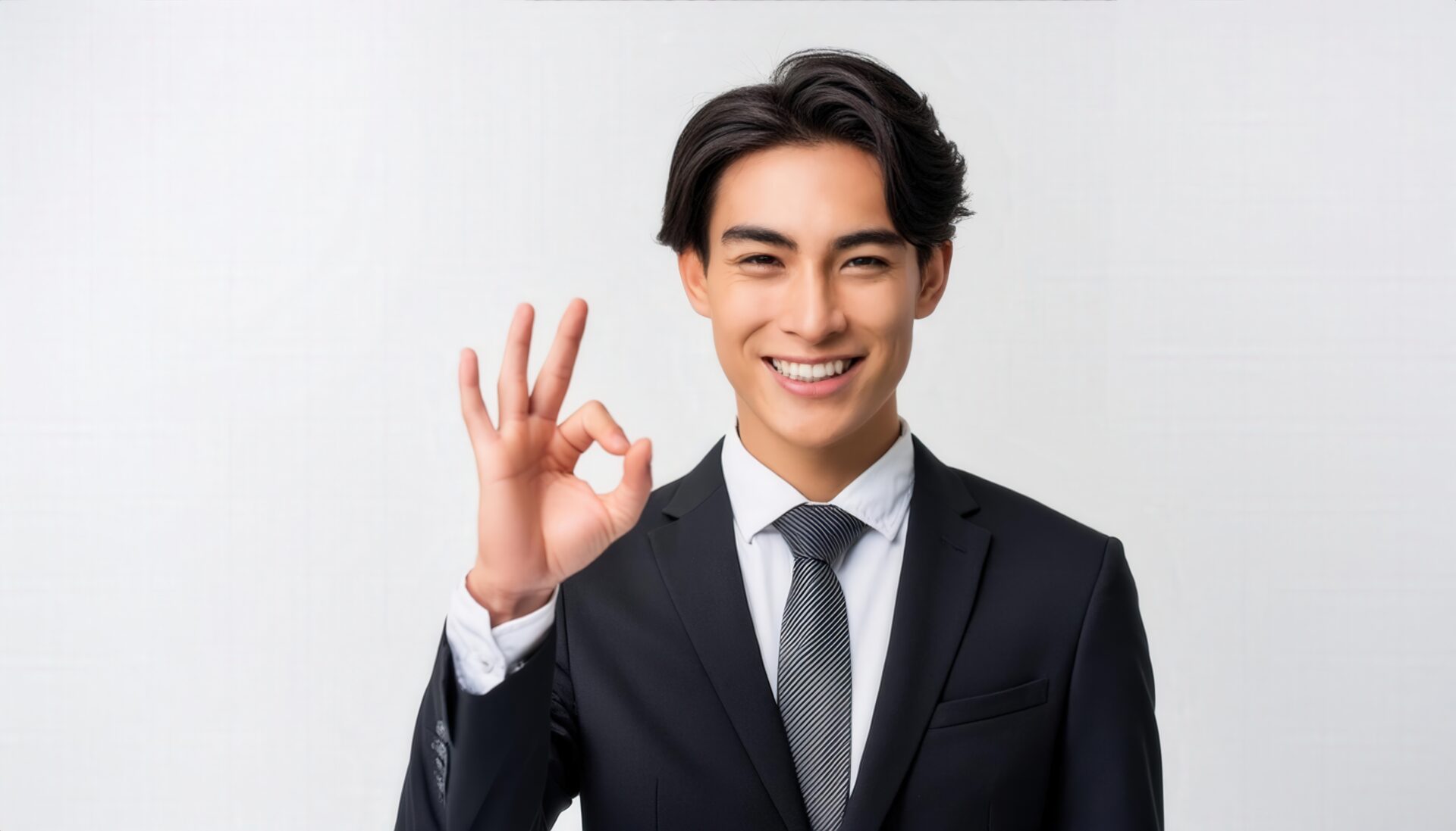 白背景でOKサインをするスーツ姿のビジネスパーソン
