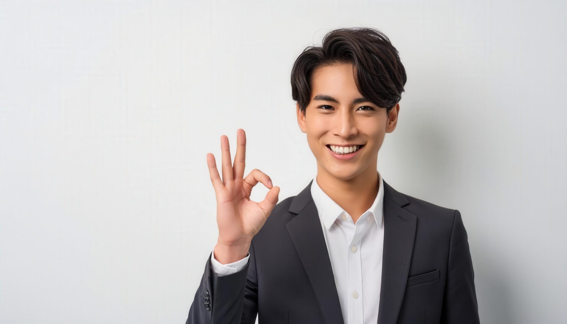 白背景でスーツ姿の人がOKサインをしている