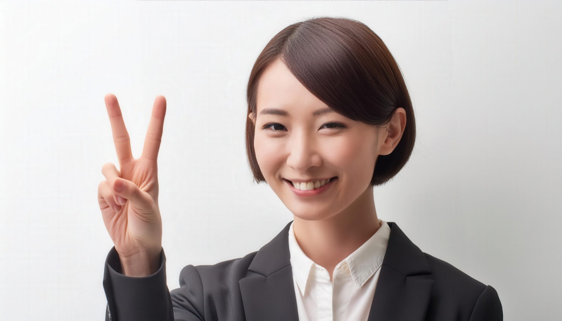 白背景でスーツ姿の人がピースサインをしている