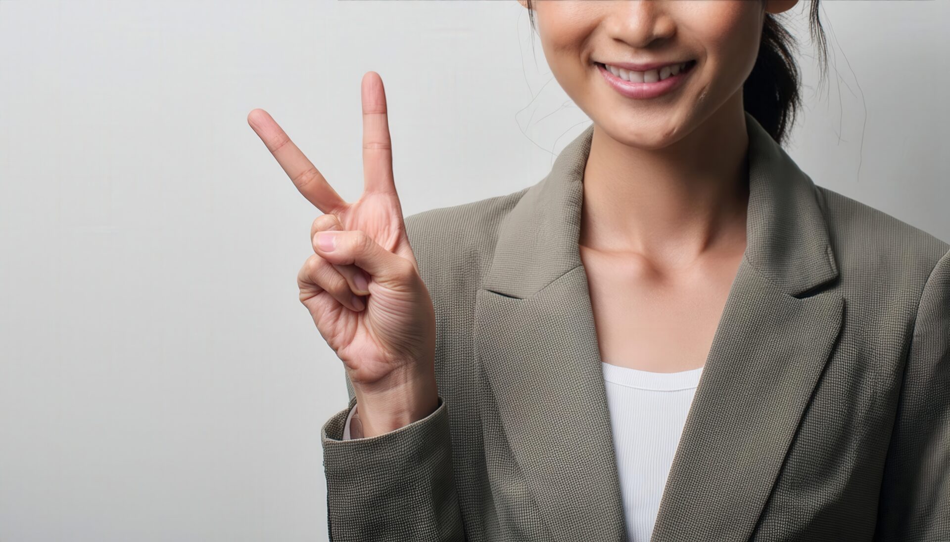 白背景でスーツ姿の人がピースサインをしている（部分カット）