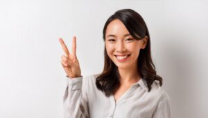 白背景でカジュアルな装いの人がピースサインをしている