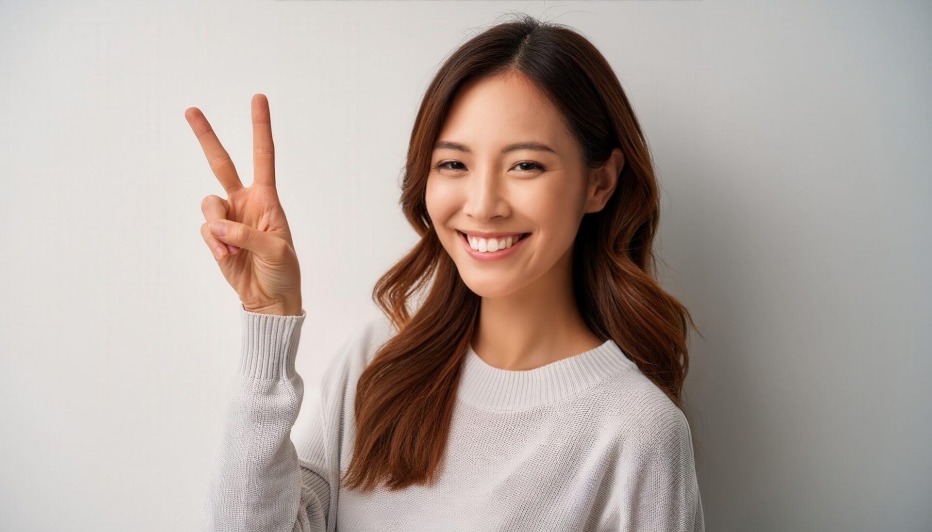 白背景でナチュラルな装いの人がピースサインをしている