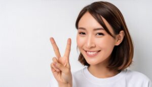 白背景でTシャツを着た人がピースサインをしている