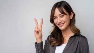 白背景でシャツを着た人がピースサインをしている