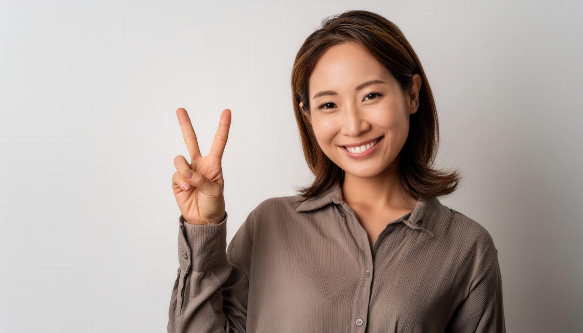 白背景でブラウスを着た人がピースサインをしている