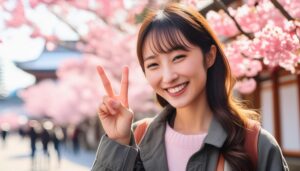 桜の前でカジュアルな装いの人がピースサインをしている