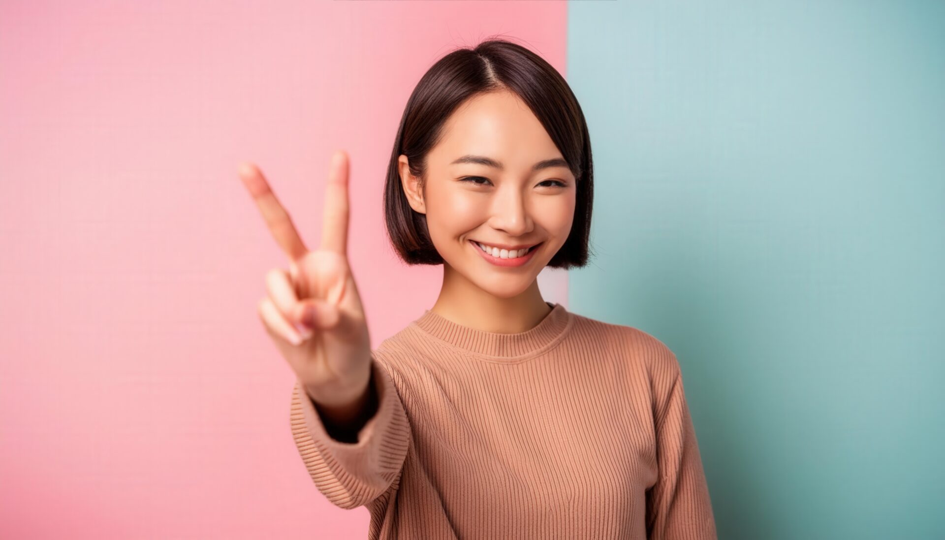 ピンクと水色の背景でカジュアルな装いの人がピースサインをしている