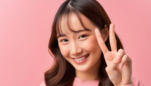 ピンク背景で前髪のある人がピースサインをしている