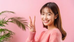 ピンク背景でセーターを着た人がピースサインをしている