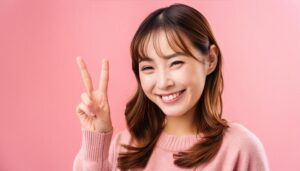 ピンク背景で長めの髪の人がピースサインをしている