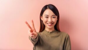 ピンク背景でリブニットを着た人がピースサインをしている