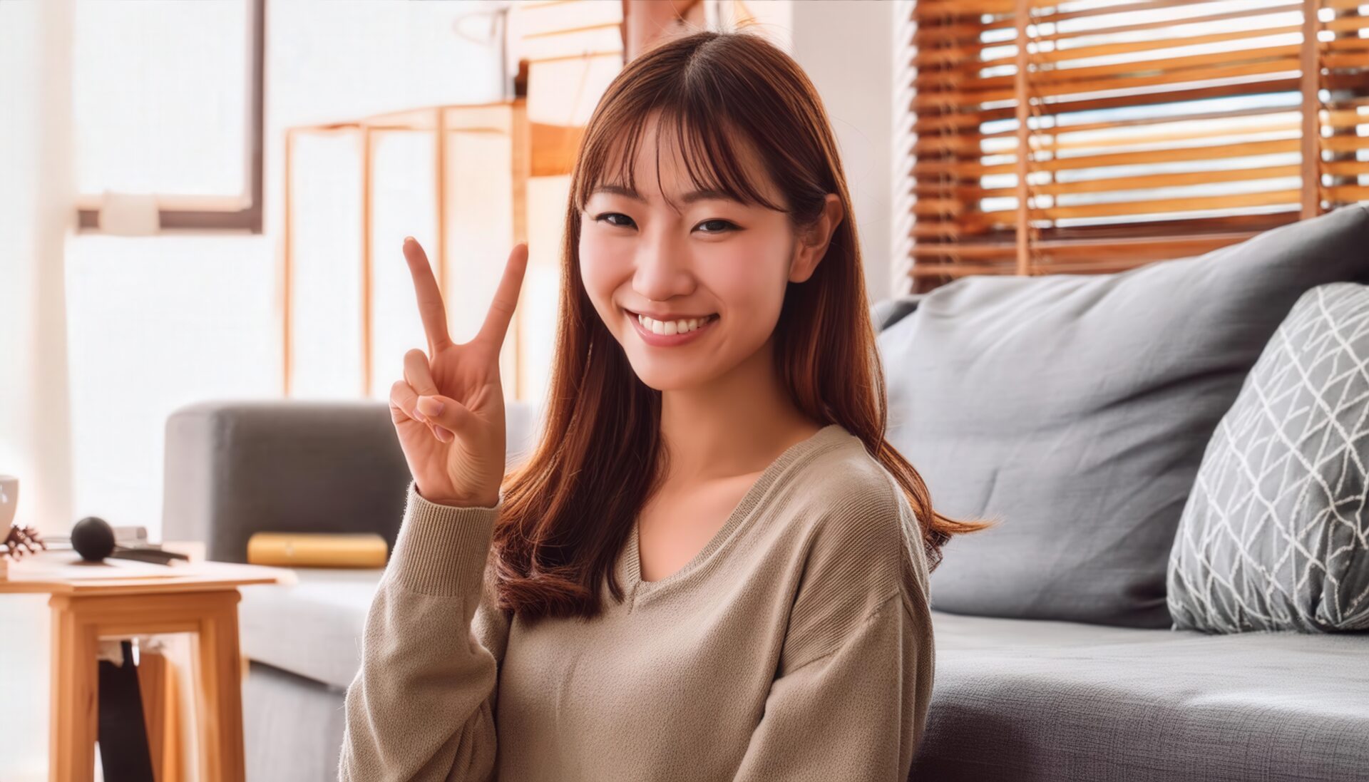 室内のソファ付近でピースサインをする人