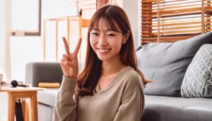 室内のソファ付近でピースサインをする人