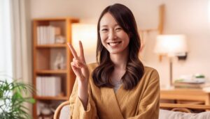 室内のナチュラルなインテリアでピースサインをする人