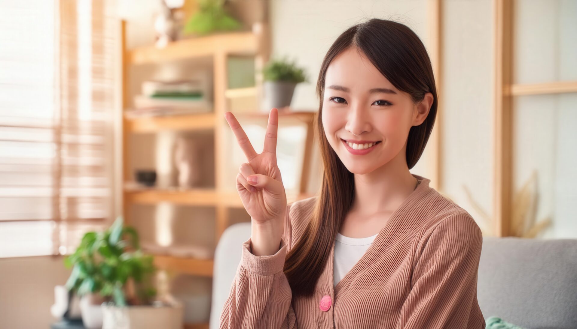 室内のナチュラルな空間でピースサインをする人