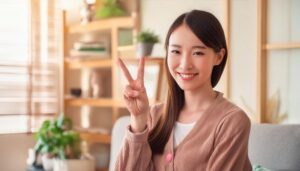 室内のナチュラルな空間でピースサインをする人