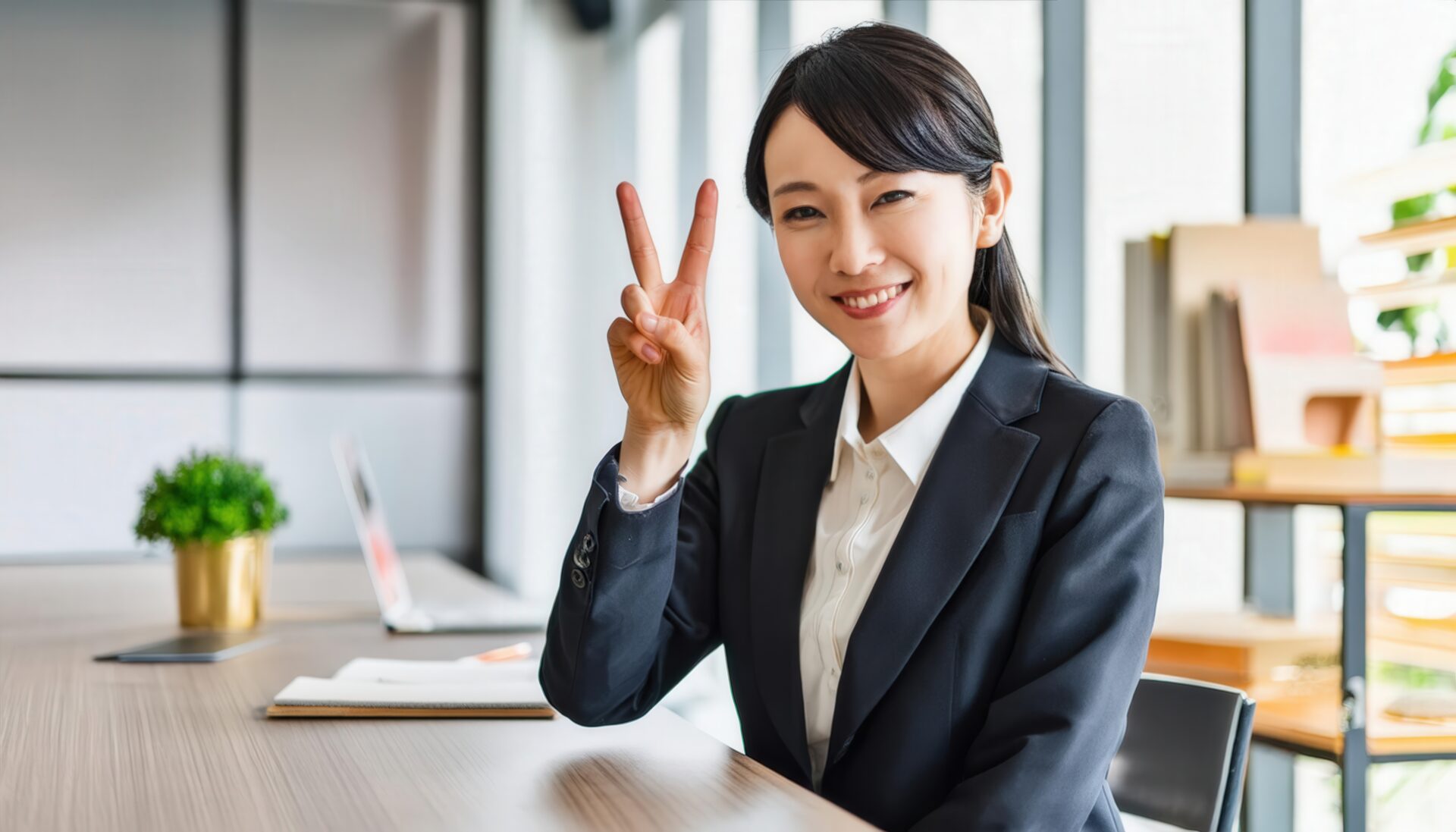 オフィスのミーティングスペースでピースサインをする人