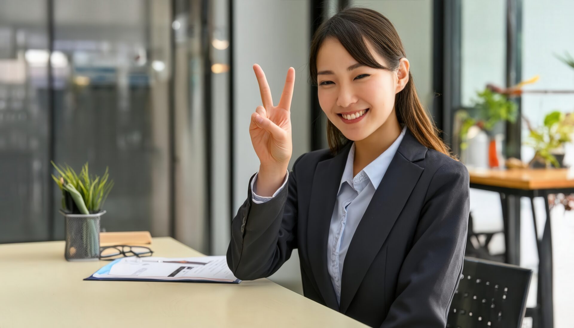 オフィスのテーブルでピースサインをする人