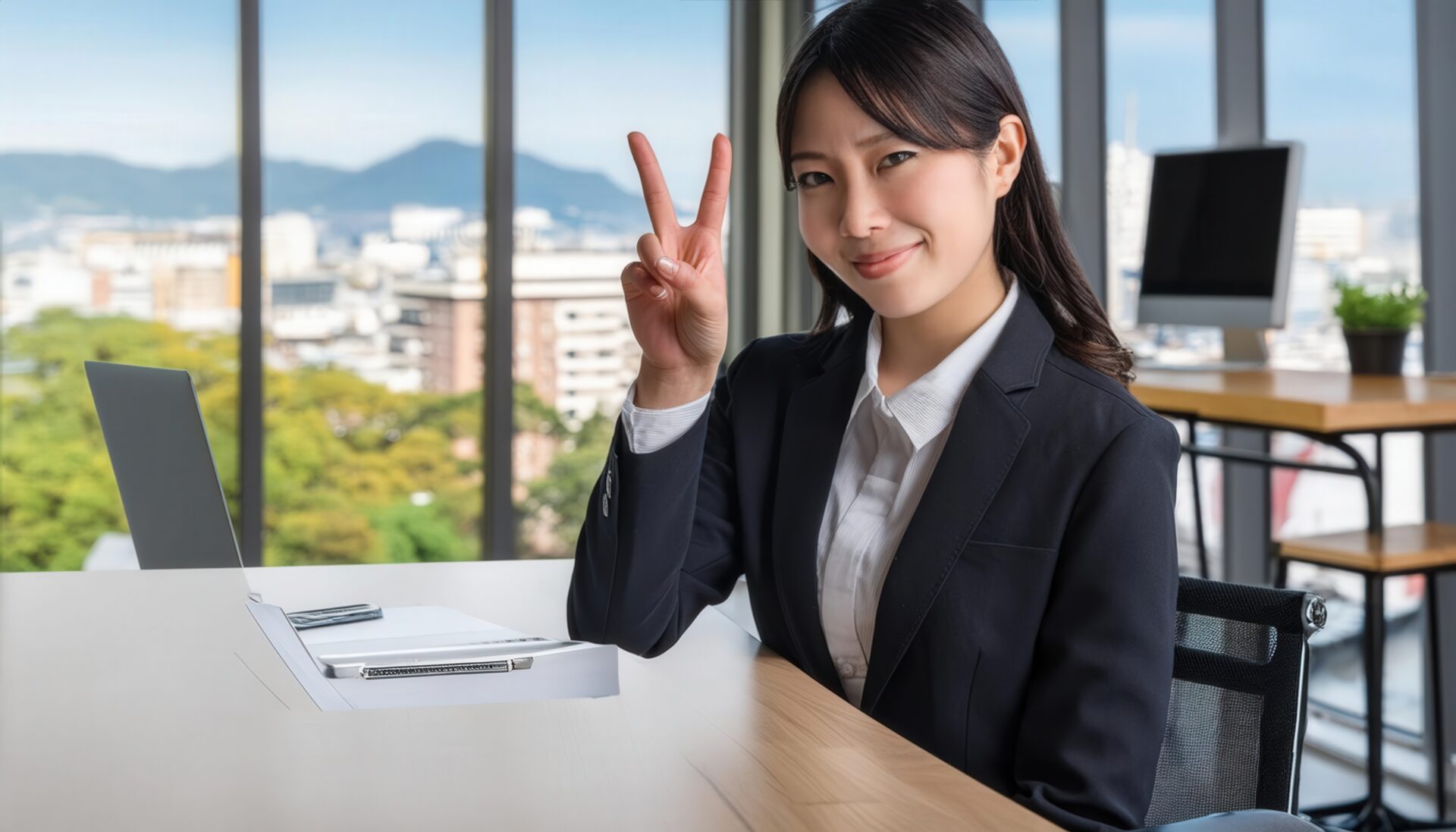 オフィスの窓際でピースサインをする人