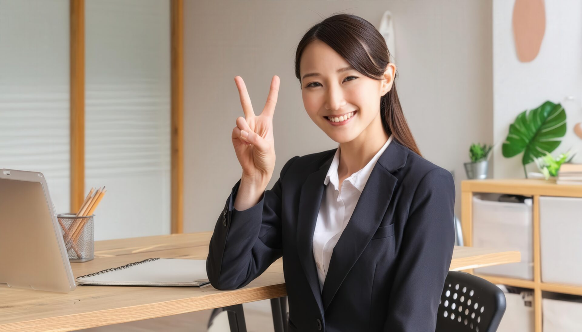 オフィスのデスクでピースサインをする若い女性