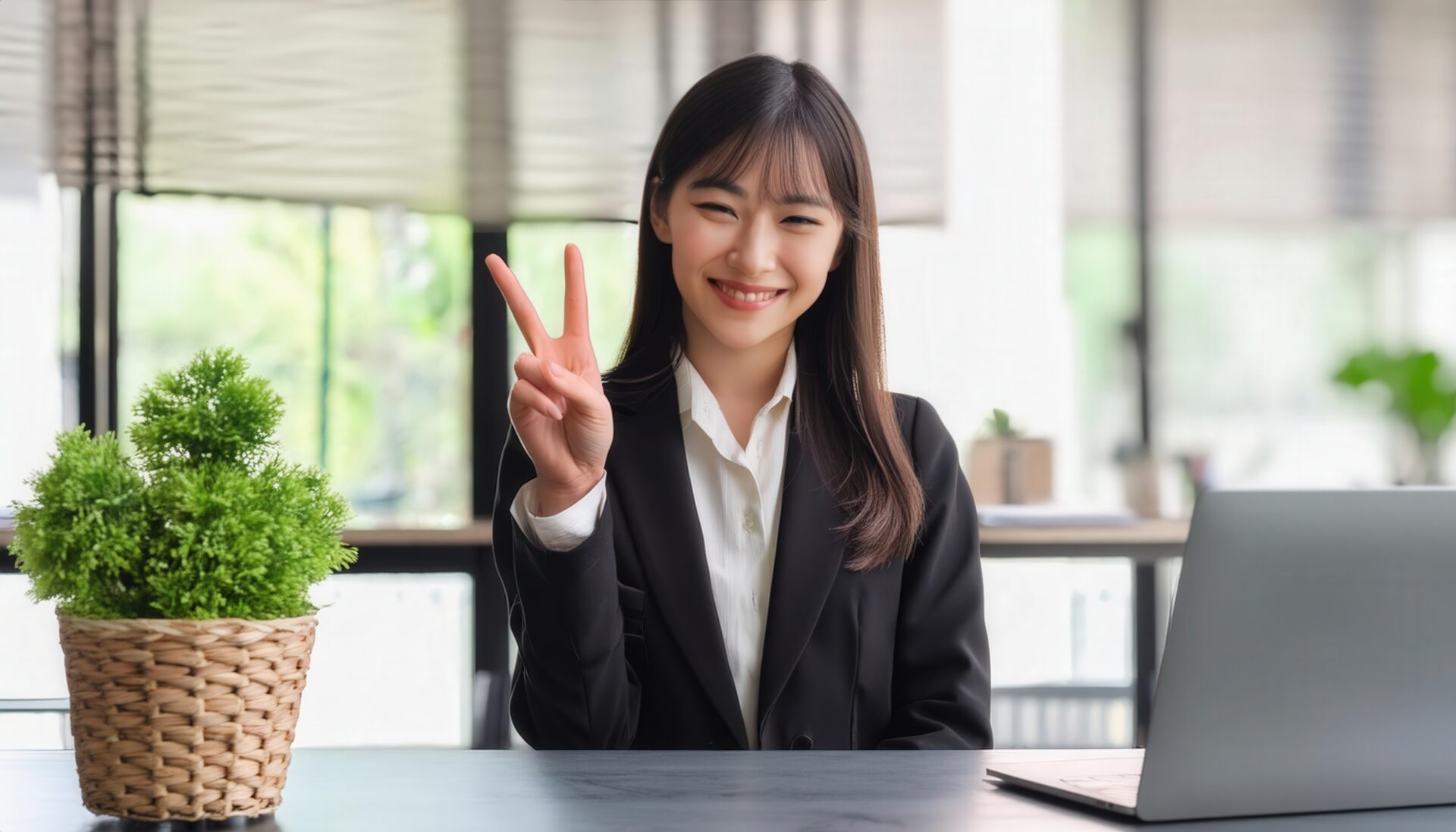 オフィスのテーブルでピースサインをする若い女性