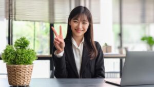 オフィスのテーブルでピースサインをする若い女性