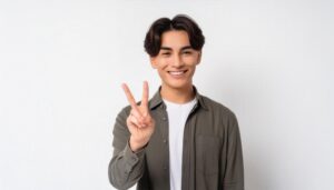 白背景でカジュアルな装いの若い男性がピースサインをしている