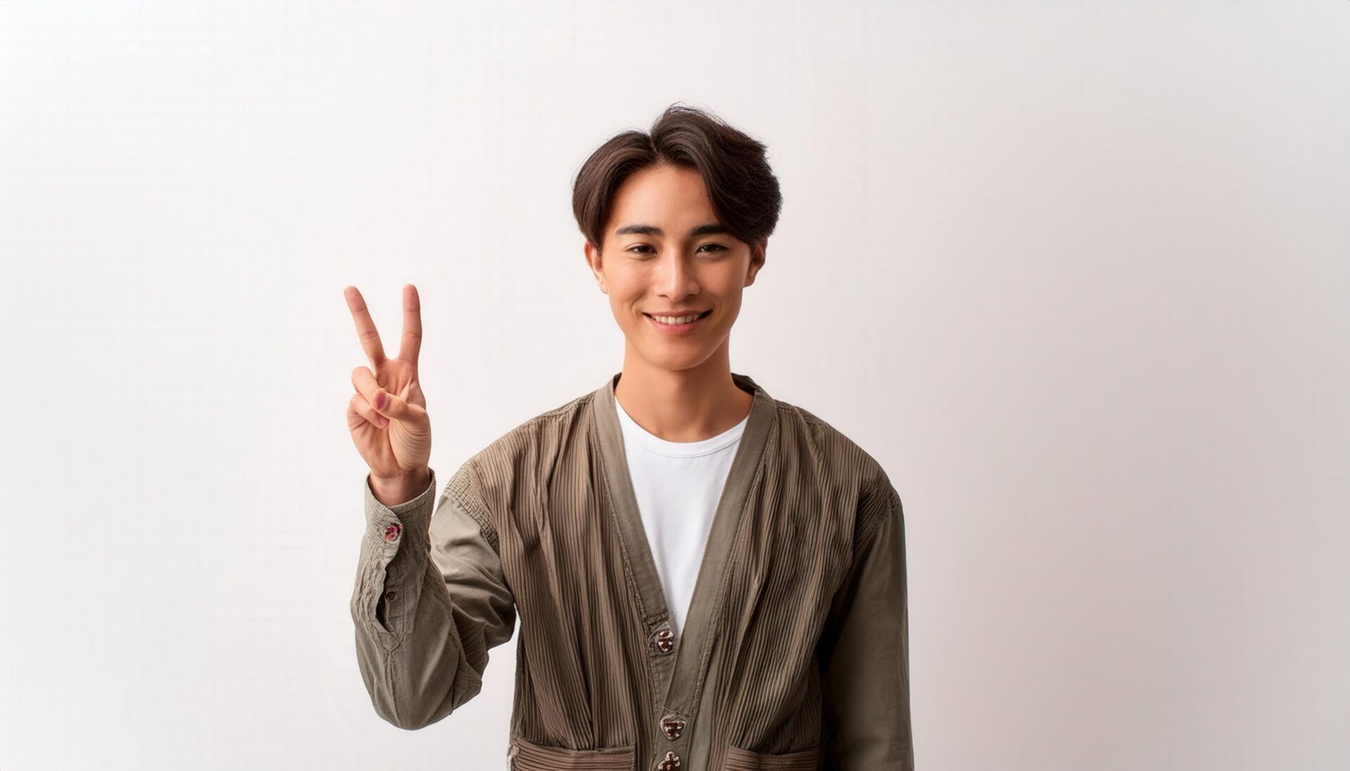 白背景でナチュラルな装いの若い男性がピースサインをしている