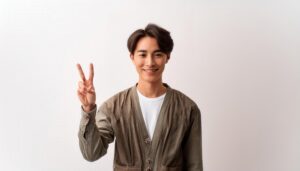白背景でナチュラルな装いの若い男性がピースサインをしている