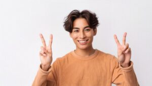 白背景で両手ピースサインをする若い男性