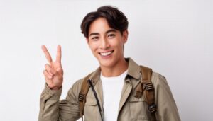 白背景でリュックを背負いピースサインをする若い男性
