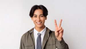 白背景でネクタイ姿の若い男性がピースサインをしている