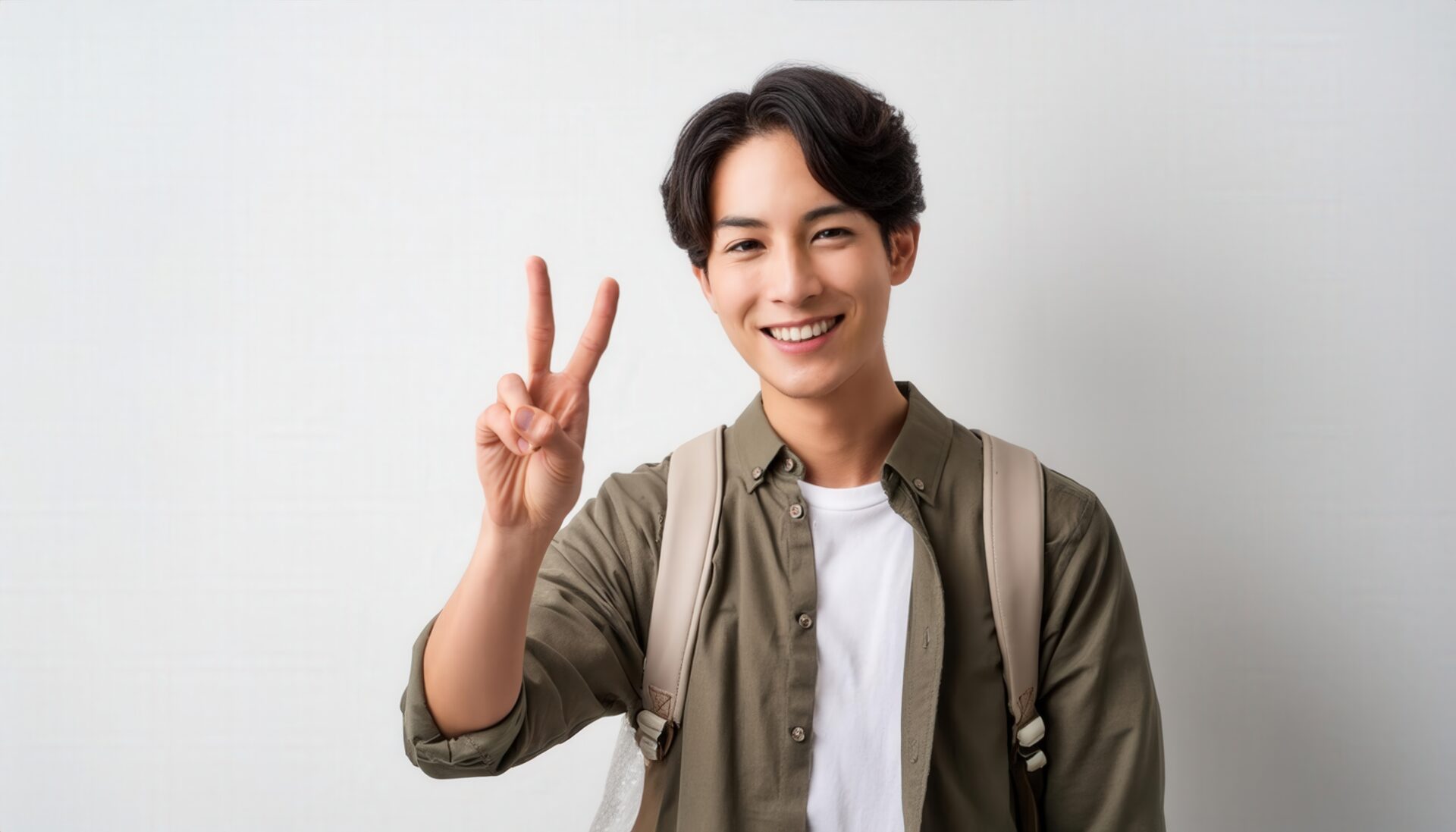 白背景でリュックを背負った若い男性がピースサインをしている